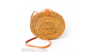 Bali circle oval rattan handbags motif star oval design leather handle 